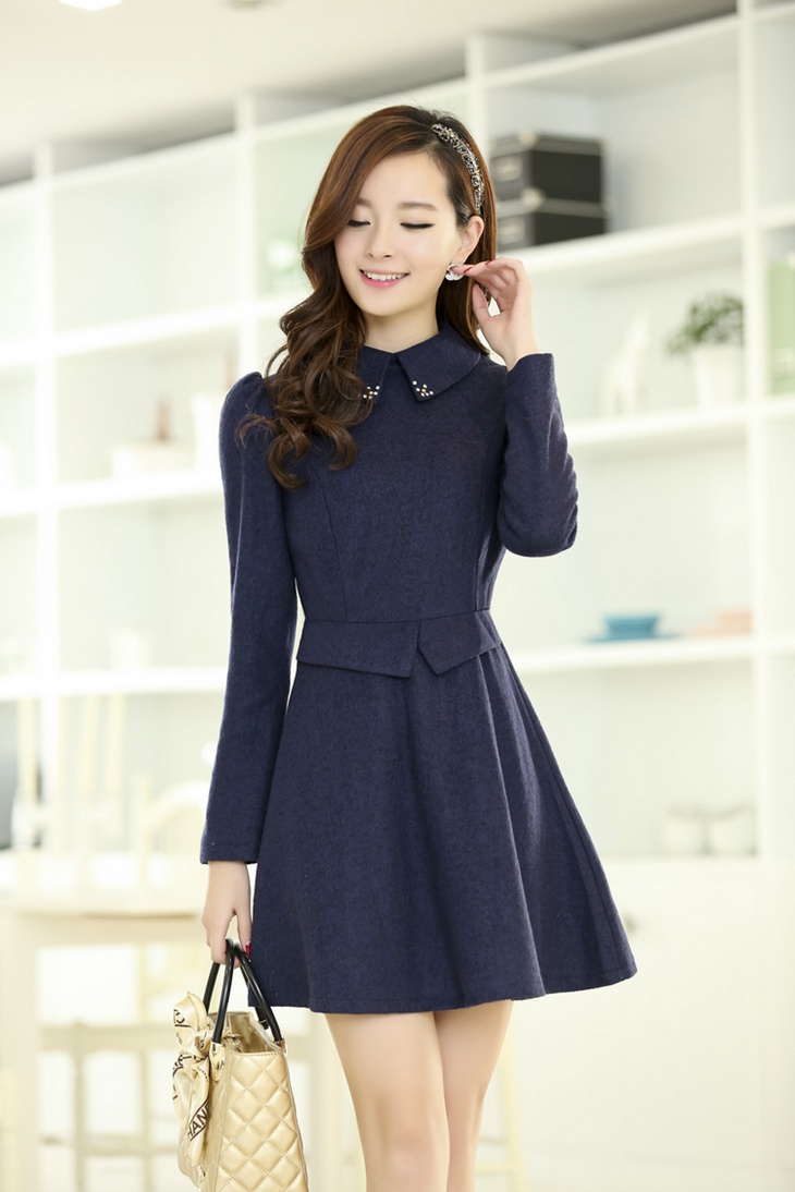 丝柏舍 2015春装新款女装 时尚翻领 纯色隐形拉链设计修身显瘦百褶裙