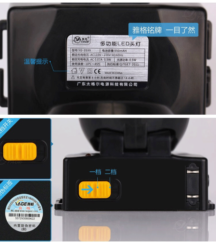 雅格YAGE LED强光头灯 充电远射应急灯 日常家用应急探照灯 YG-3599