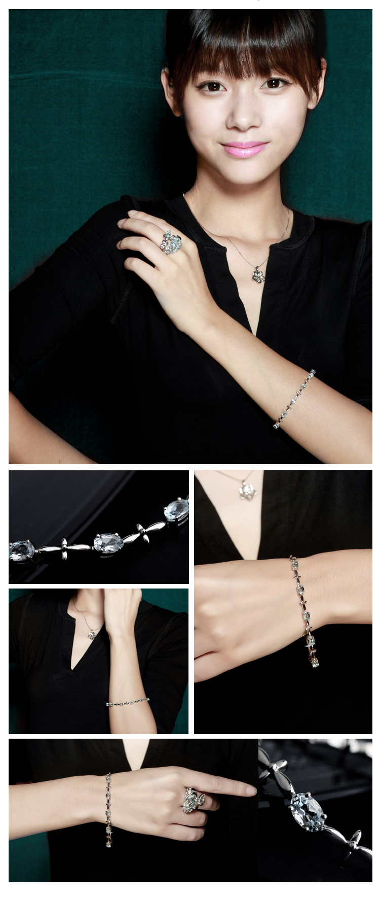 天摩tiamo 天然水晶手链 女款 925纯银海蓝宝石 时尚优雅 缀爱 礼物