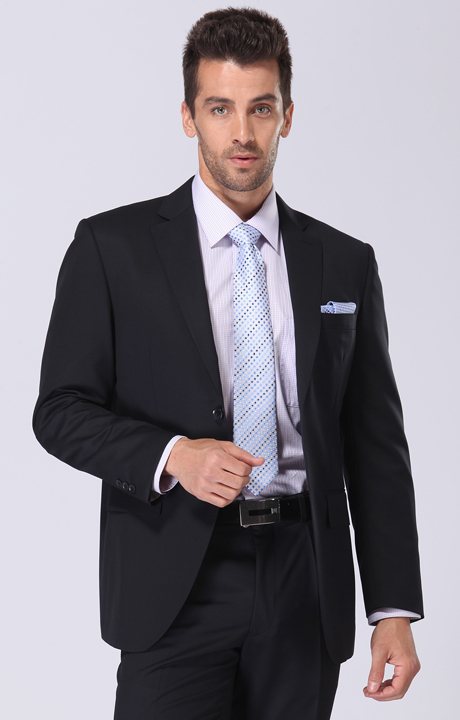 顺美深蓝羊毛天丝修身平驳头两粒扣 高档中年男士商务