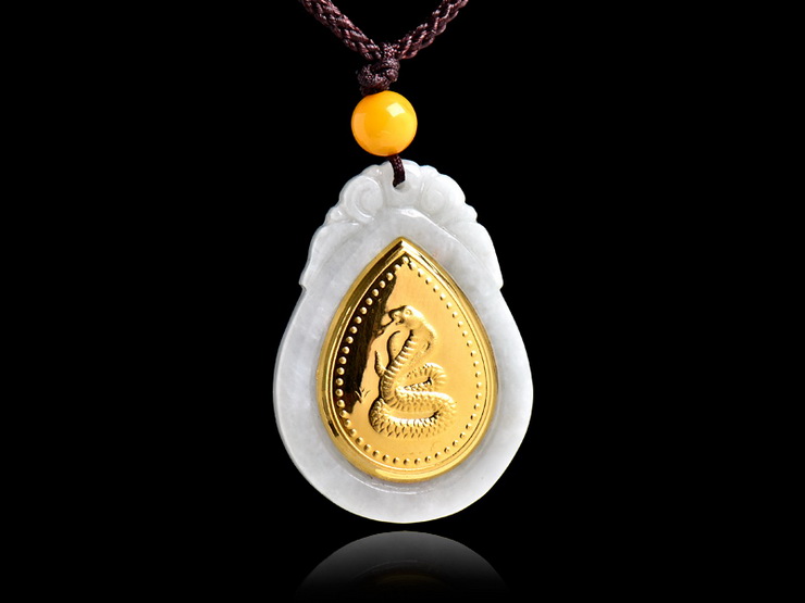 御灵珠宝 天然翡翠镶千足金生肖蛇金镶玉吊坠 本命年开运