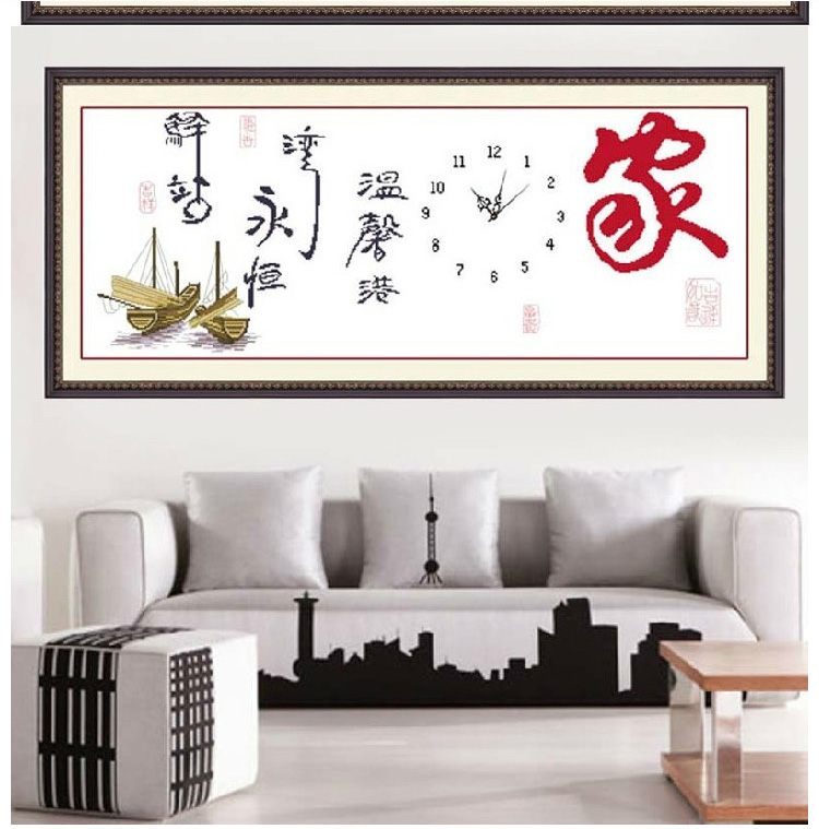 
                                        爱度ks 十字绣客厅卧室挂钟系列大画永恒的驿站钟表 尺寸约103*46cm 精准印花夜光静音机芯                