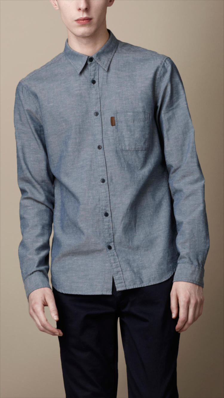 burberry brit/巴宝莉 秋冬新品 男士棉麻混布条纹衬衫 38734691 蓝色