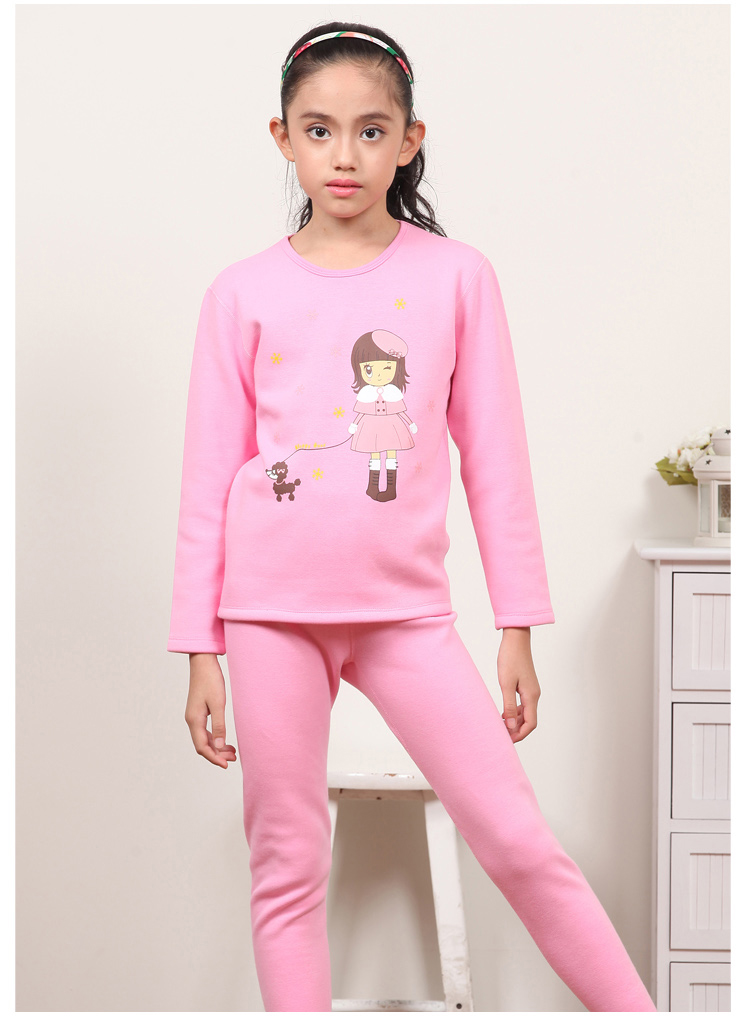 久岁伴秋冬男女童大童加绒加厚保暖内衣套装8011 女童粉红9011 140cm