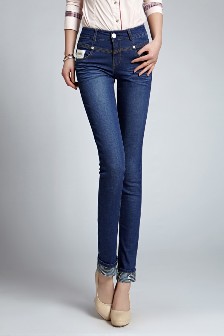 魅客牛仔裤小脚女简约通勤时尚显瘦中腰深蓝色专柜正品春季新款 蓝色