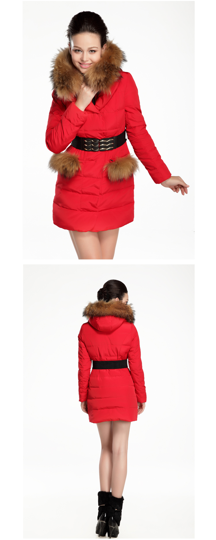 红叶精灵 秋冬新款正品女士修身外套 奢华大毛领时尚气质羽绒服女 军