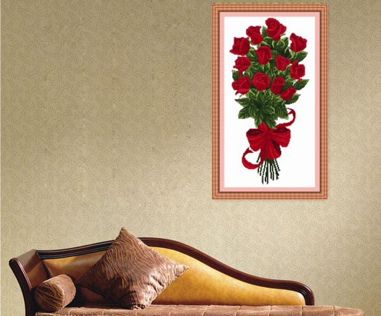 精准印花布十字绣客厅大画最新款礼物一束玫瑰花大红色客厅卧室画