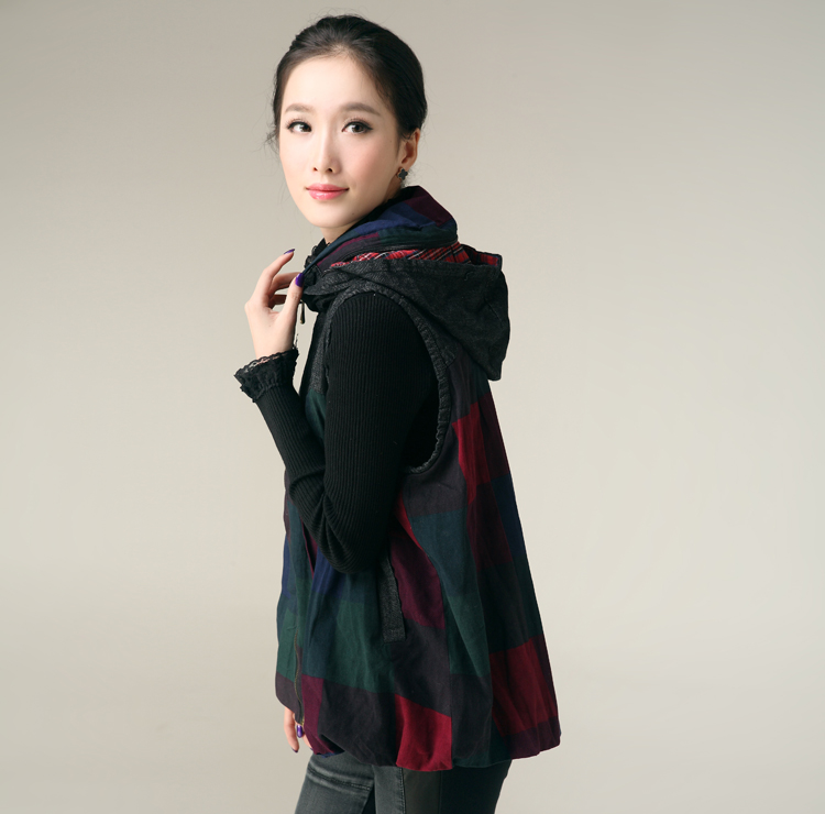 泳萱 马甲女中长款时尚百搭马夹连帽背心2016秋装新款 青花瓷 L