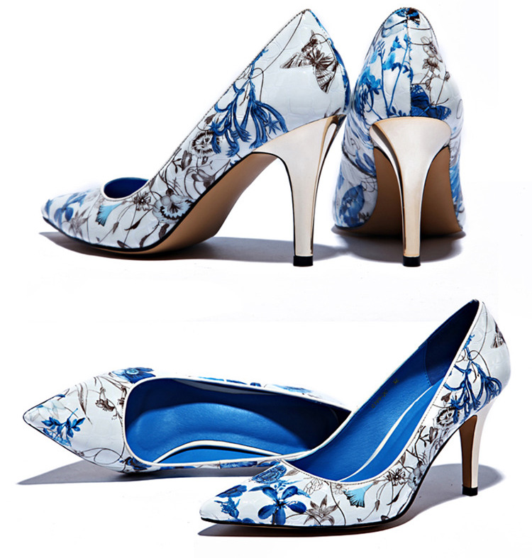 琸娜zhuona新款真皮高跟鞋 青花瓷印花细跟尖头浅口女单鞋z040 白色