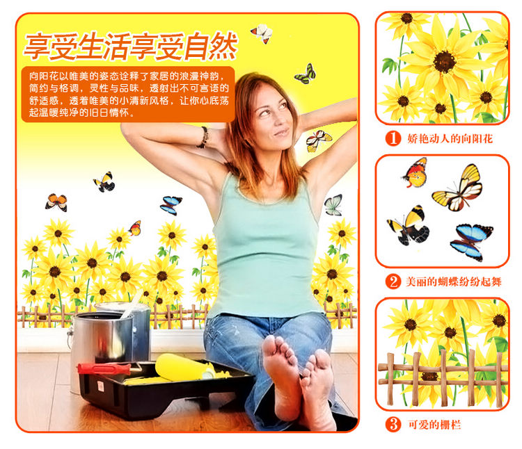 孖堡家居 可移除墙贴饰彩色非洲菊 客厅卧室走廊腰线踢脚线 环保装饰贴纸壁贴壁纸