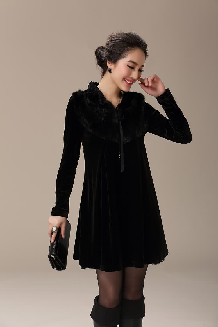 清新怡人高贵金丝绒连衣裙2013春秋女装新款兔毛领长袖大码女裙子cc