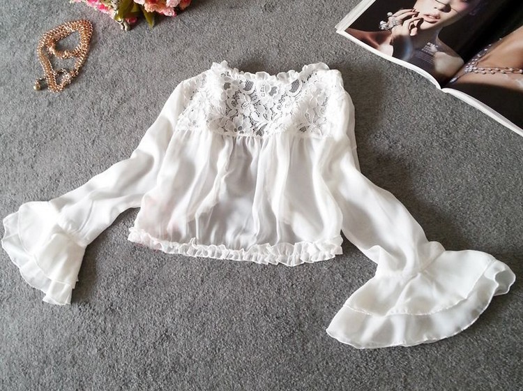 艾菲依依 蕾丝拼接荷叶边雪纺空调开衫 女装2015夏季新款韩版婚纱礼服披肩小外套4900 白色 L码