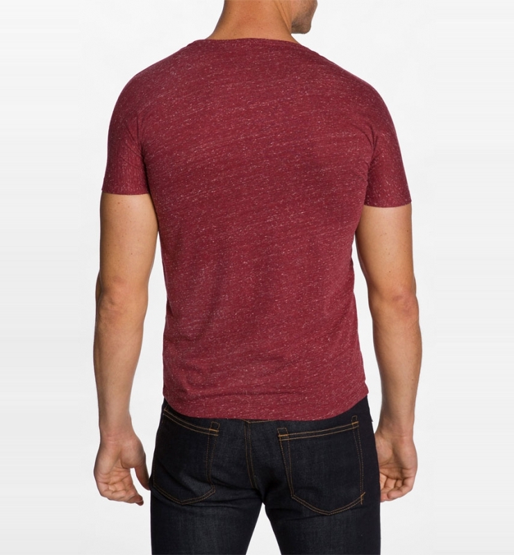 a single chest pocket fronts a heathered-blend t-shirt