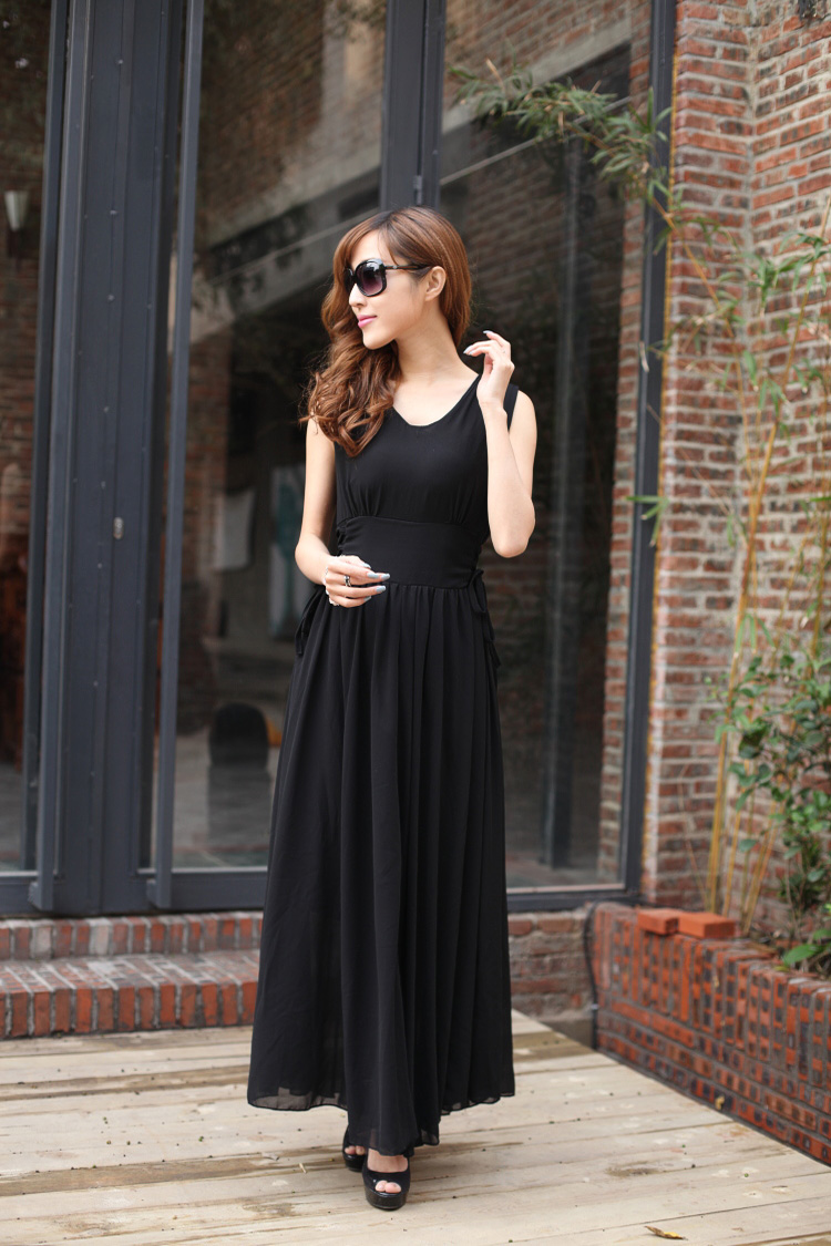 2014新款性感吊带束腰雪纺纯色连衣裙拖地长裙n511ad40#6625 黑色