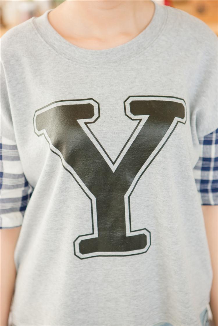 诸华衣舍2014夏装新款韩版时尚宽松y字母印花格纹袖子拼接圆领蝙蝠袖