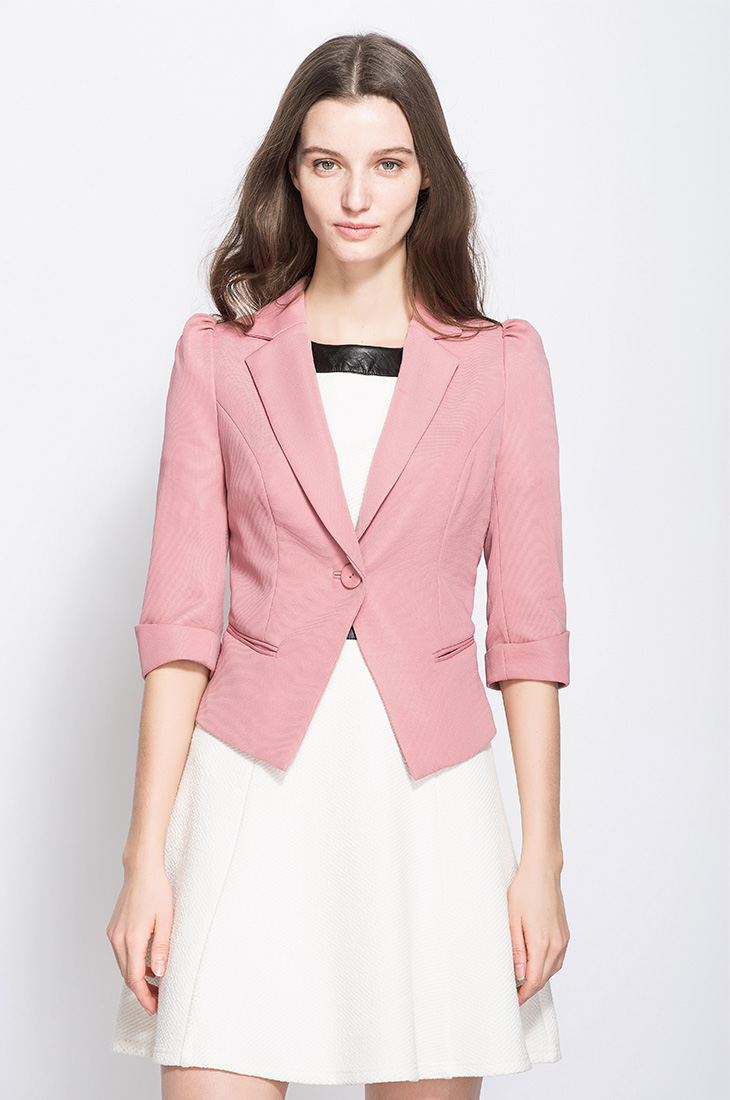 only春装新品纽扣装饰修身七分袖西服西装外套女l|113208005 121浅沙