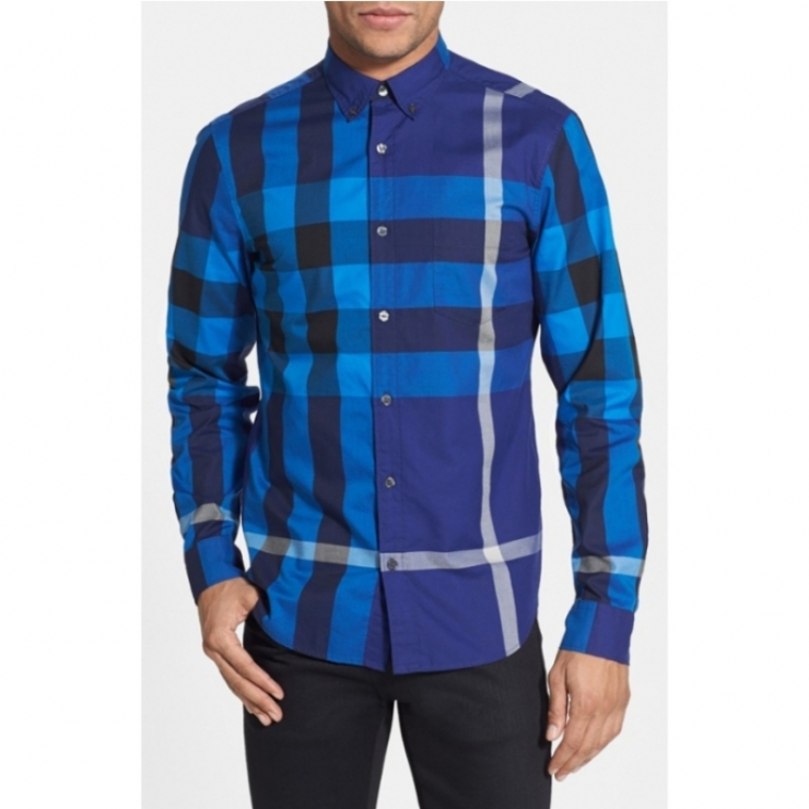 bold, oversize checks define a cool sport shirt cut from pure