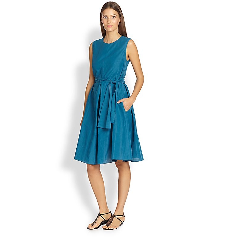 tie belt, is recast in a lightweight and lustrous blend of ramie