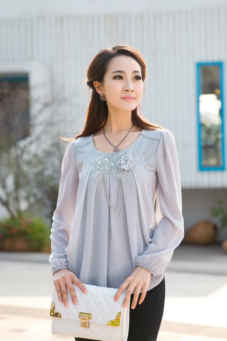 韩依人 拼接甜美雪纺长袖女上衣 女装大码雪纺衫nce9068 浅灰色 xxl