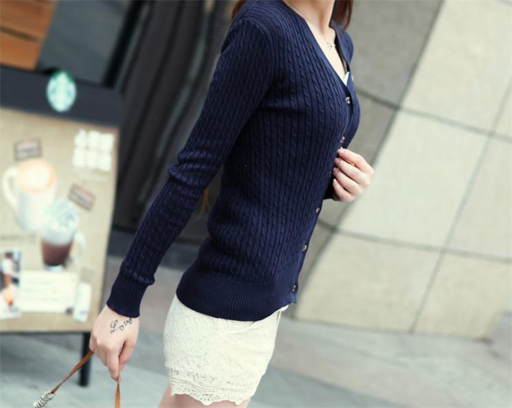 琪诗忆 2013 秋新款 麻花肩章纯色针织衫开衫6676【货到付款】 深蓝色