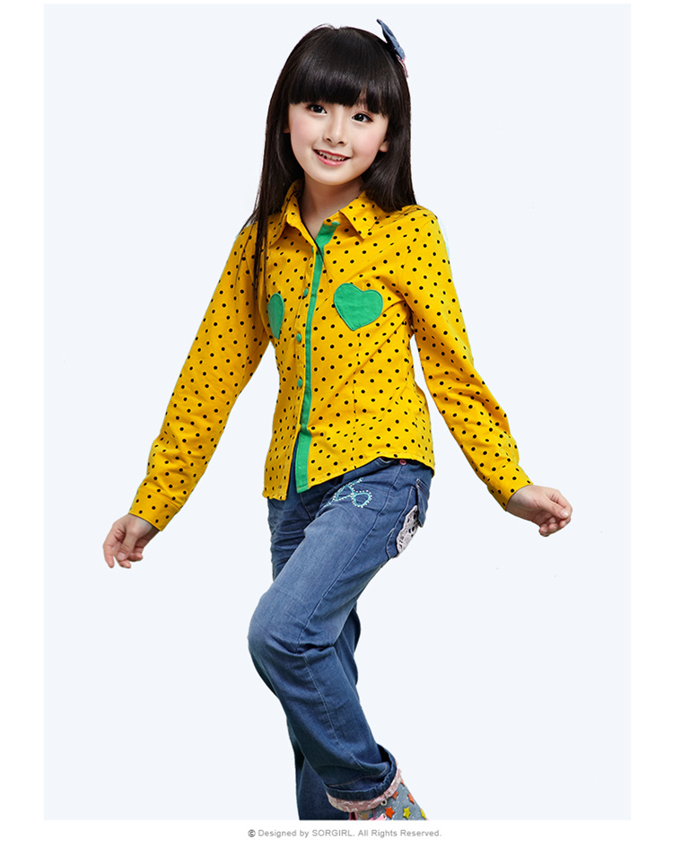 苏歌尔童装2014春季新款女童长袖波点翻领衬衫儿童糖果色17023 鲜姜黄