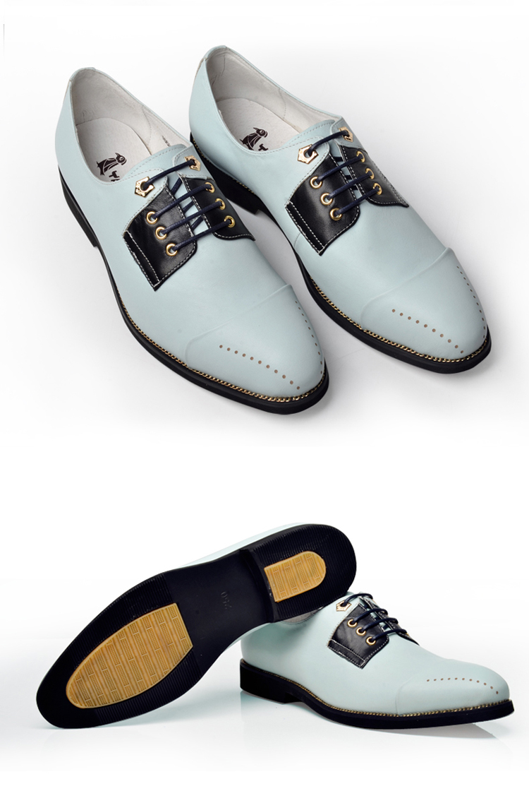 耶纳诺.啄木鸟 白色尖头男鞋休闲皮鞋 男士真皮商务鞋子16688 水兰 42