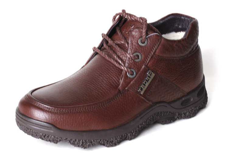 蜘蛛王男棉鞋冬季新款高帮羊毛内里棉皮鞋真皮系带韩版休闲男鞋 棕色