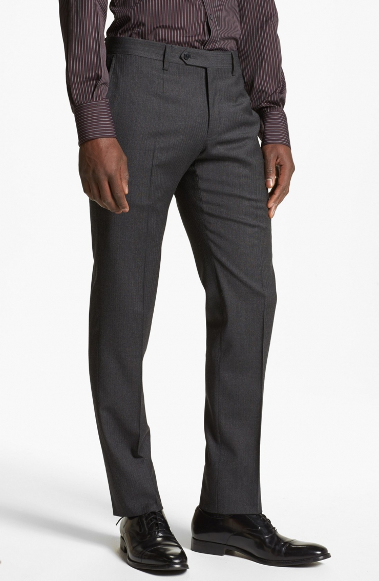 fine pinstripes accentuate a lean-profiled wool