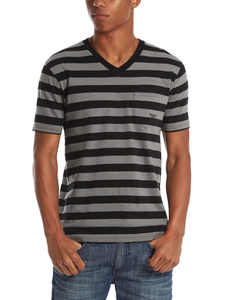 guess 盖尔斯 男士多色纯棉v领短袖套头条纹t恤 灰色 l
