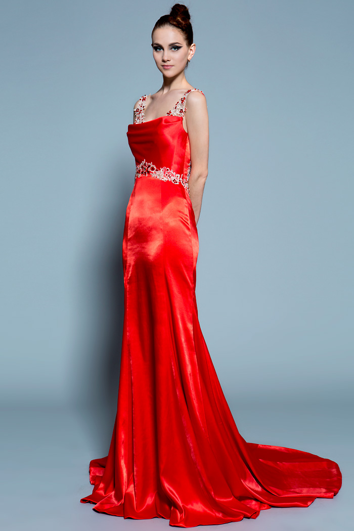 一生一纱礼服2014新款修身拖尾主持人礼服宴会礼服裙晚礼服红色