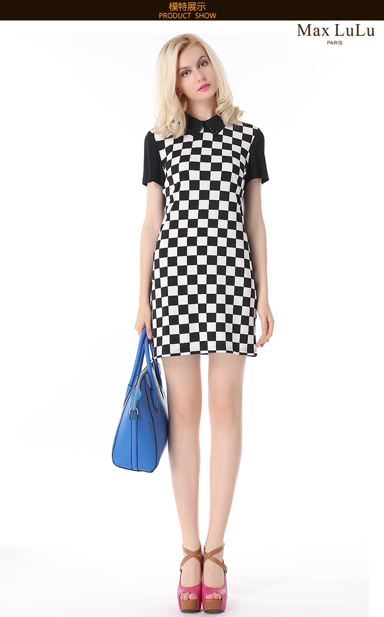 maxlulu 2013春夏新款正品欧美风简约黑白格polo领短袖