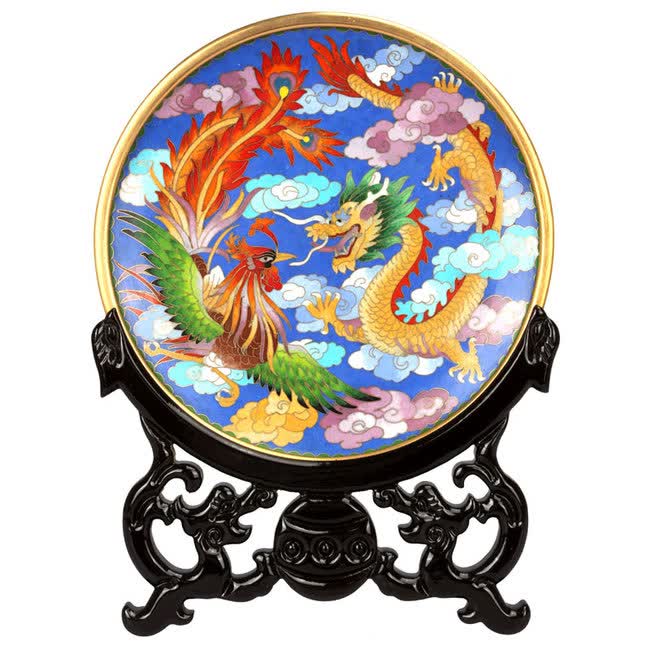 名称:景泰蓝10寸龙凤盘    规格:直径26cm 高35cm    材质:紫铜