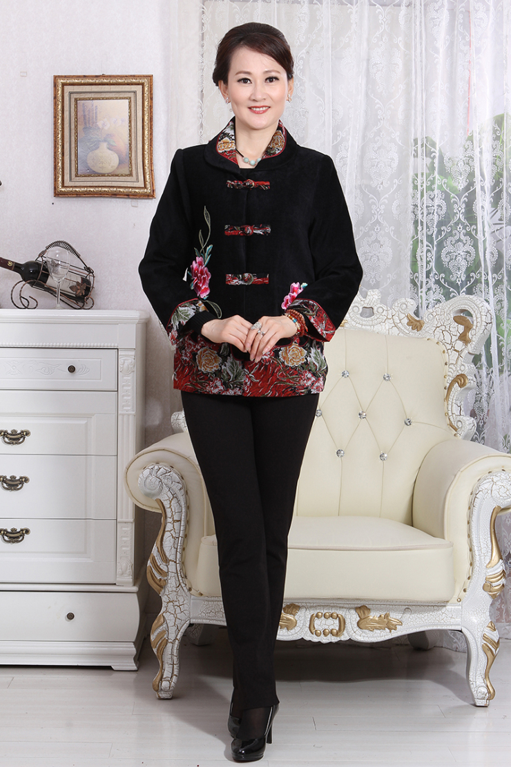 露西法兰 中老年女装妈妈装秋装新款 时尚宽松绣花翻领唐装外套 tt-虐