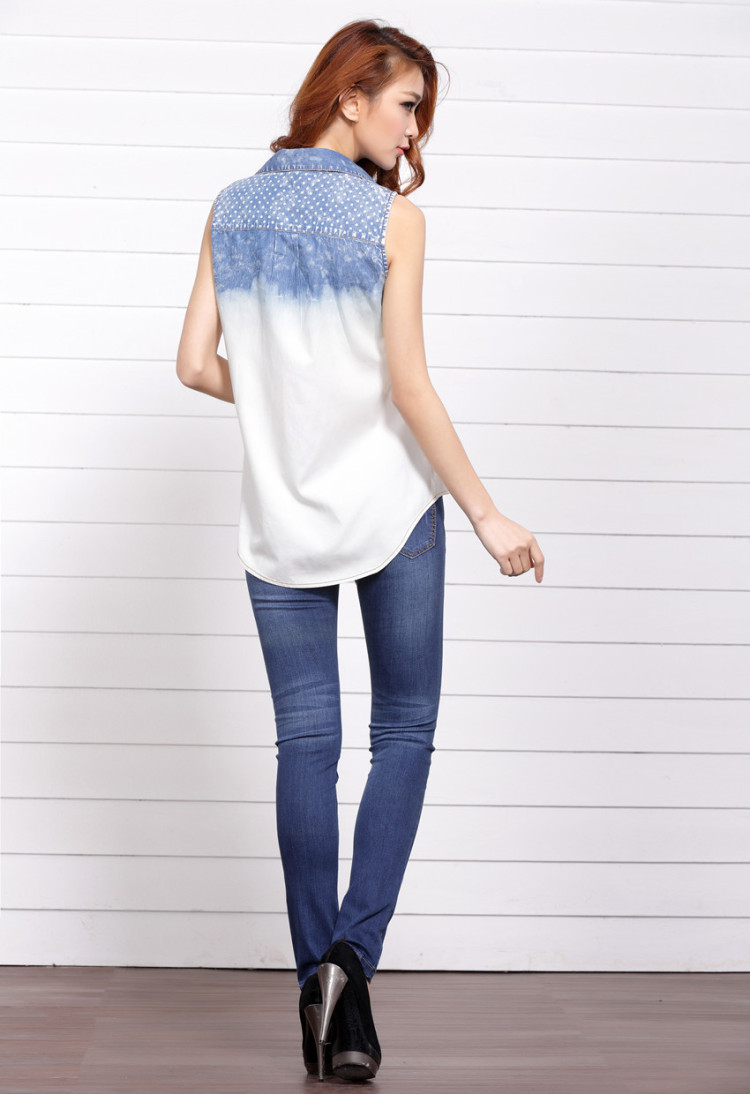 2014春夏新款可爱波点做旧无袖牛仔衬衣 短外套6051# 浅蓝色 m