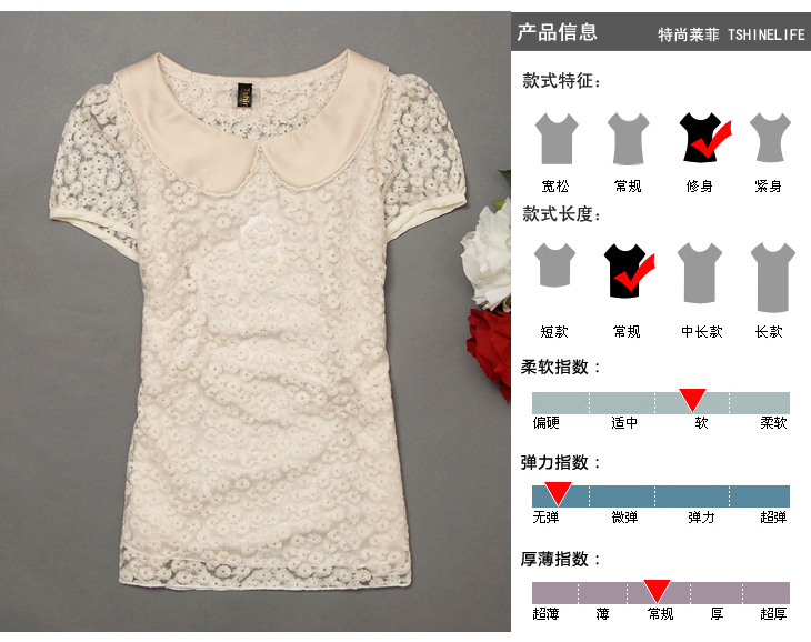 特尚莱菲 夏季新款女上衣韩版淑女网布绣花短袖T恤 METD13 米白色 M(160/84A)