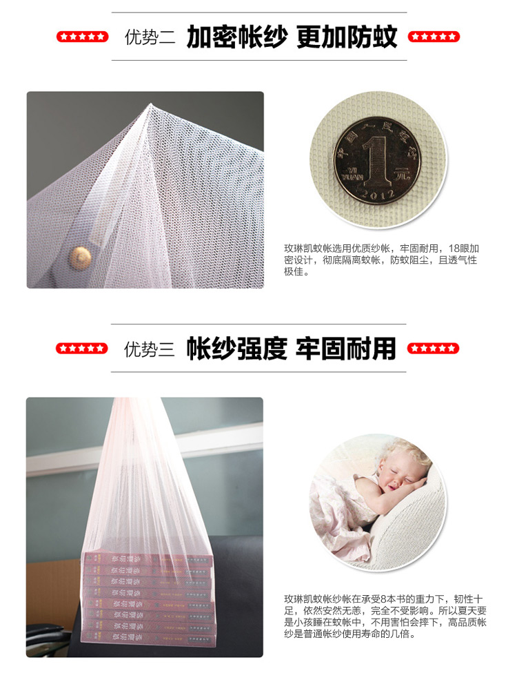 玫琳凯家纺 清新优雅三开门不锈钢落地蚊帐 加密加高宫廷方顶蚊帐 田园时光 粉玉色 200*220