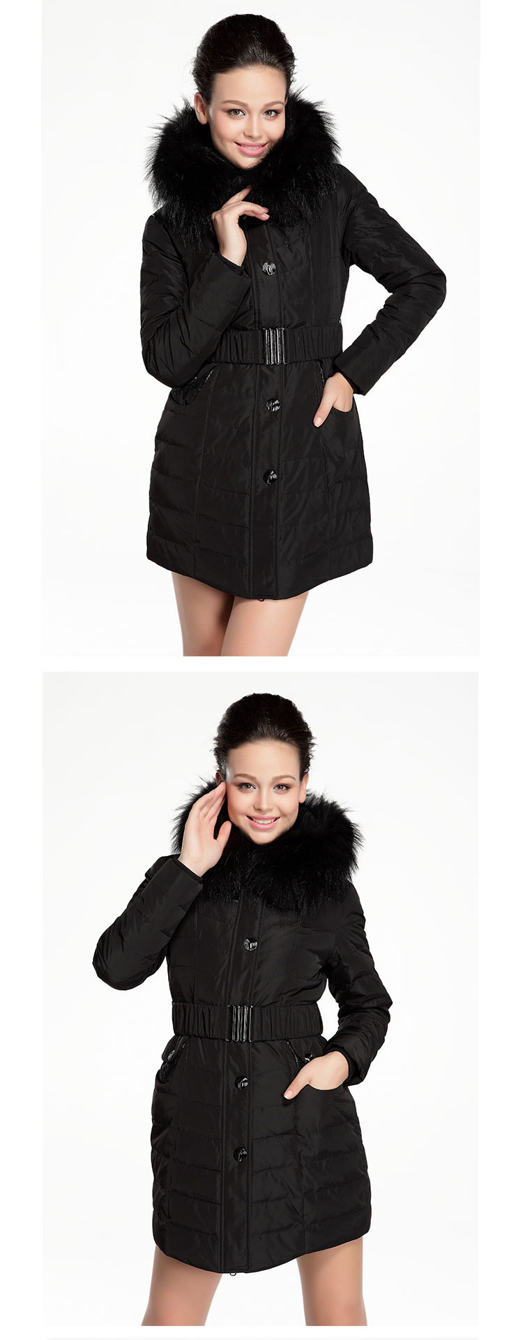 红叶精灵 特价冬装女新款薄款毛领袖修身短款羽绒服女正品 潮 黑色 l