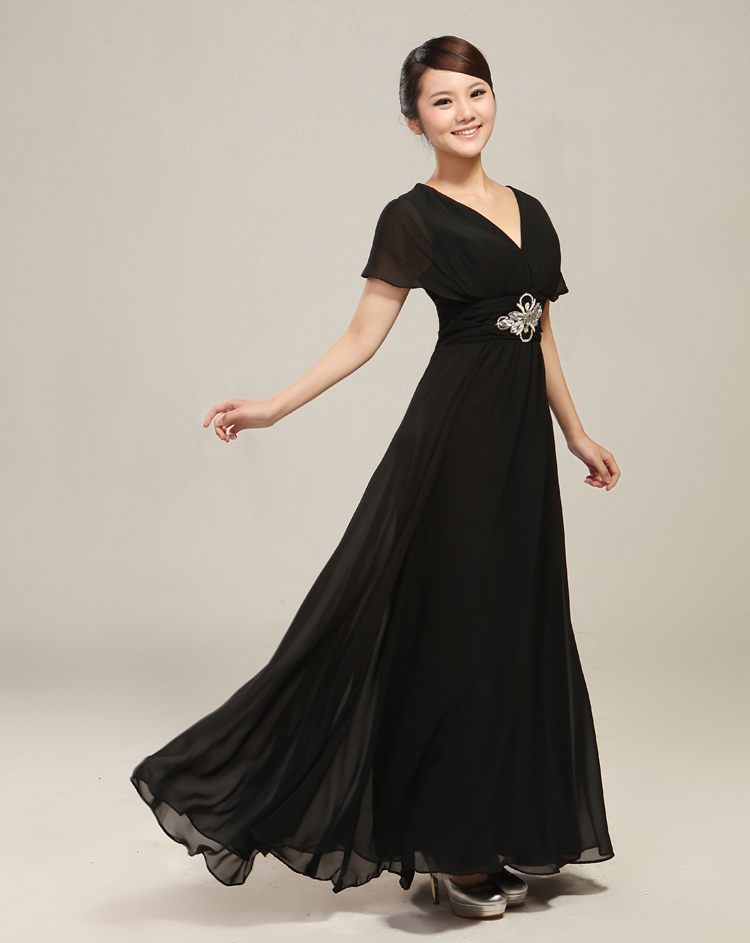 优雅雪纺v领高腰钉钻长款大摆合唱指挥服 合唱服 演出服 舞台服装