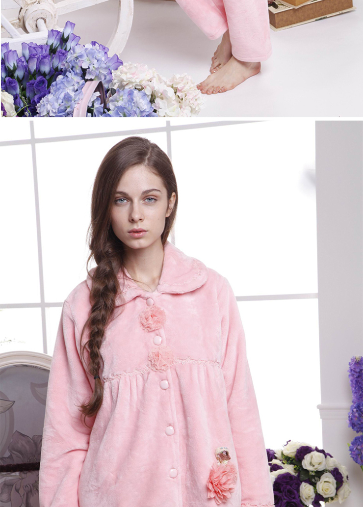 康柔秋冬新款女人睡衣套装高档丝绒优雅小翻领粉红公主睡衣家居服