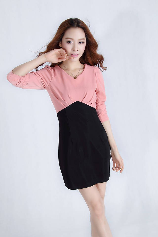 【货到付款】缇艾乔 韩版2014春装女装新品 淑女气质泡泡袖v领拼色