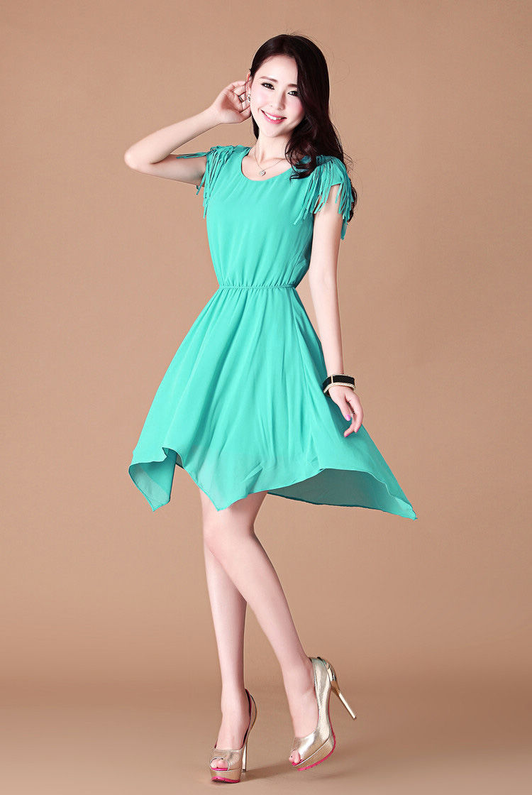 奢麦2013新款韩版飘逸短袖沙滩气质修身雪纺连衣裙 8163 蓝绿 m