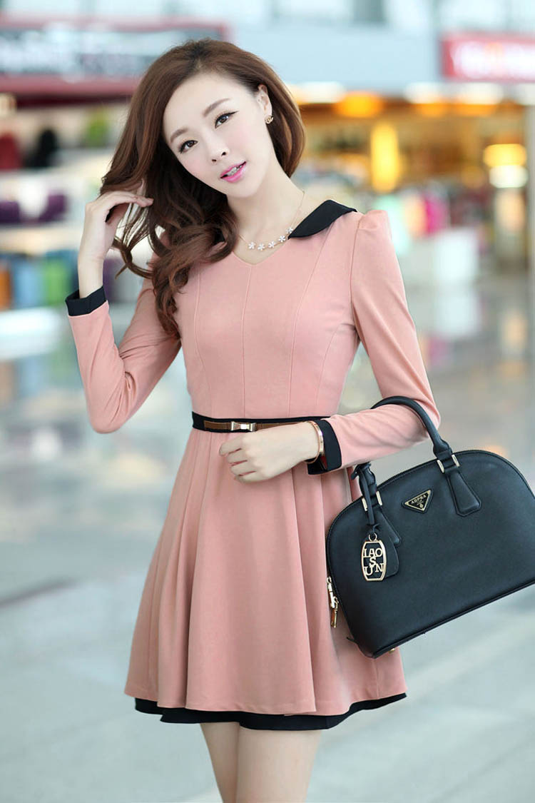 【货到付款】2014春季新款韩版女修身纯色圆领带腰带大摆长袖连衣裙 a