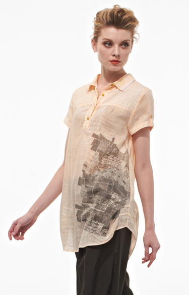 【设计师精选】kavon卡汶女装 春装新款 条纹翻领中长款衬衫k12sc322c