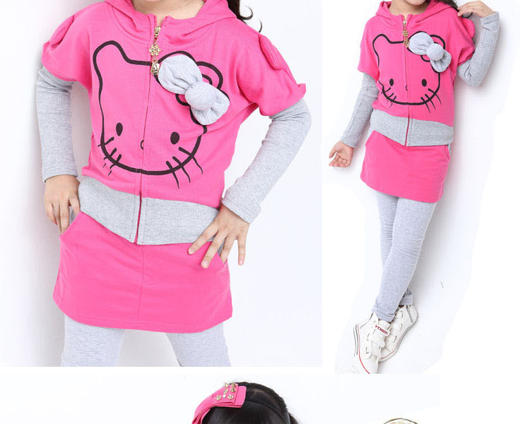 套装中大童女装春秋纯棉韩版卡通两件套 梅红色 160码/身高145-155