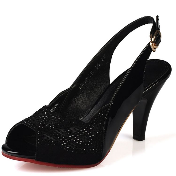 2014夏季新款时尚女鞋羊皮真皮牛筋底鱼嘴女款高跟凉鞋 黑色 39