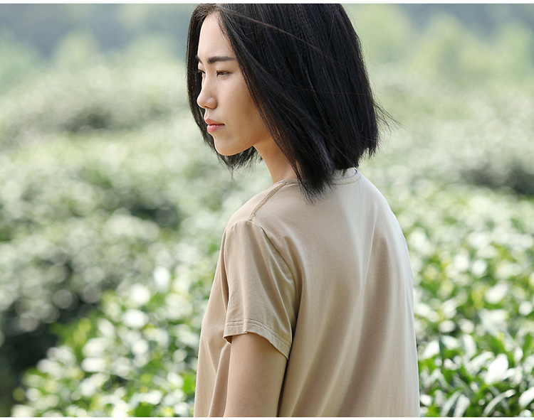 
                                        闲然 2019夏装新款女装文艺范宽松棉T恤印花针织圆领短袖女t恤 夏 卡其色 S (155/80A)                