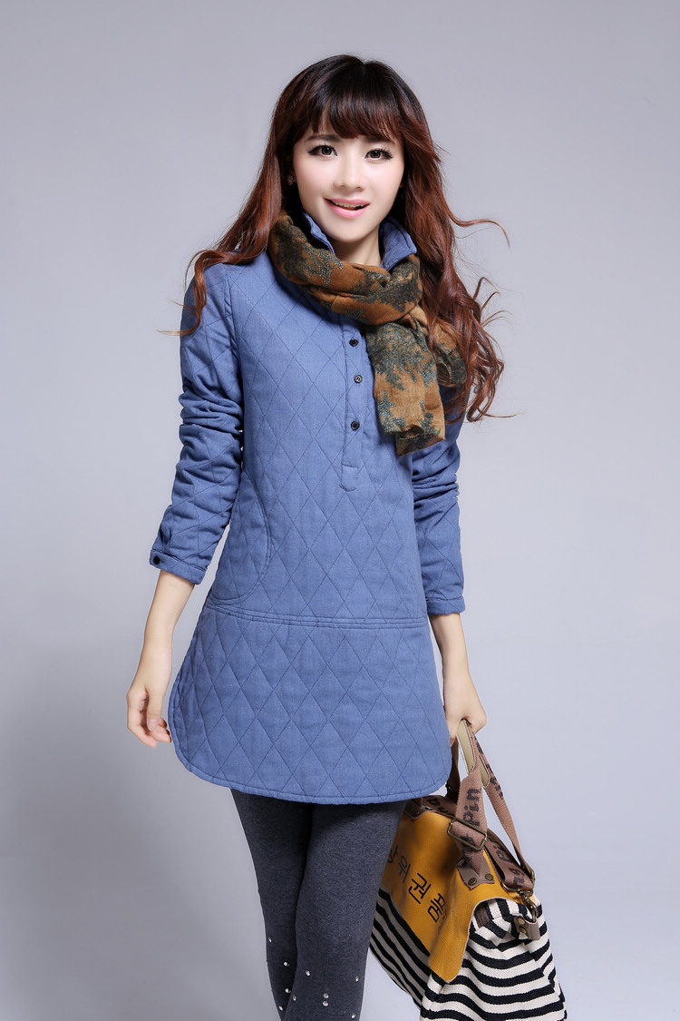 晗菲茹梦冬季新款棉服女 2013韩版休闲棉衬衣 打底棉衣翻领纯色中长款棉服A981 牛仔蓝 L
