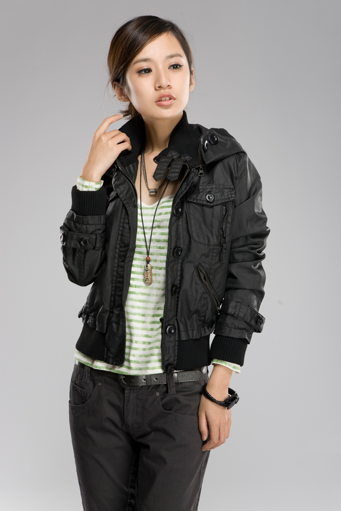 圣迪奥 sdeer 2013秋装新款女帅气黑色连帽机车外套9382211 黑色/91 l