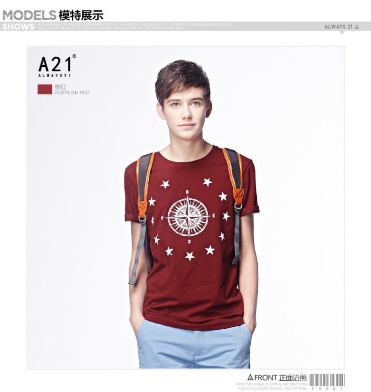 以纯网上专供品牌a21 2014夏装新款男装圆领修身印花休闲短袖t恤