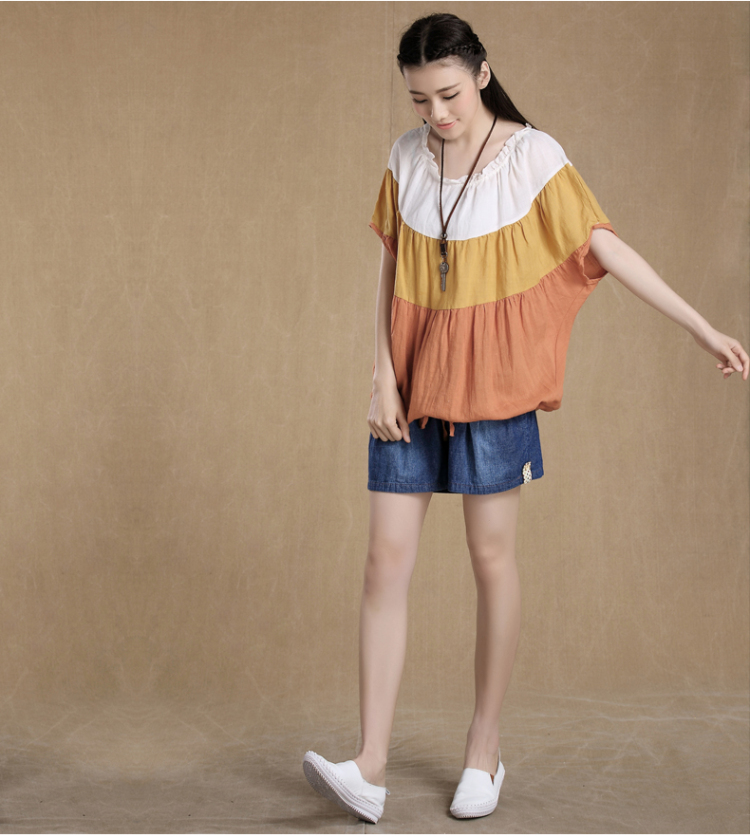 文艺优雅女装t恤 拼接色块女装蝙蝠袖t恤 窝边圆领女夏装短袖t恤 桔色